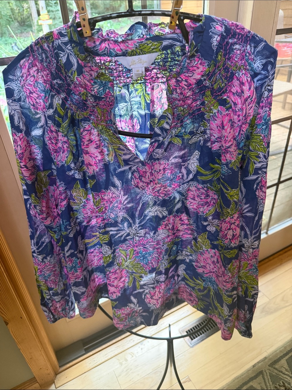 Lilly Pulitzer Lourdes Multi Dahlia Lucious Navy Floral Long Slv Sz M Tunic Top